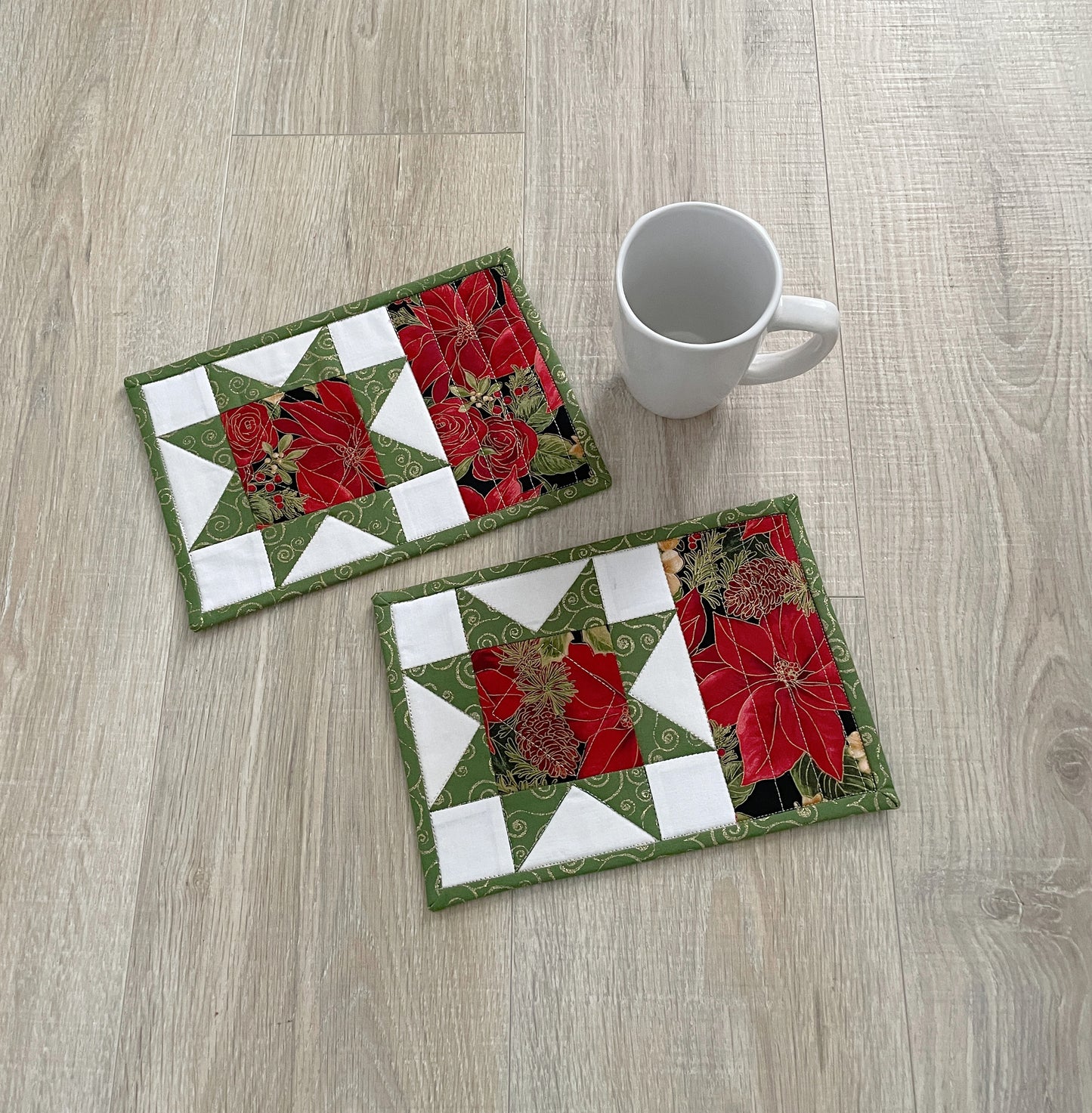 Quilted Fabric Mug Rug/ Coasters, Set of 2 Poinsettia Star Decor Drink Protectors