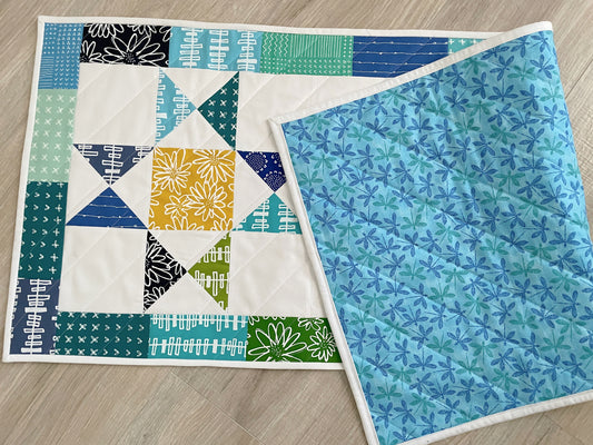 Blue & Green Ohio Star Quilted Table Runner, Modern Coastal Decor