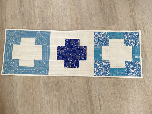 Quilted Table Runner, Blue and White Modern Cross, Spring Table Decor