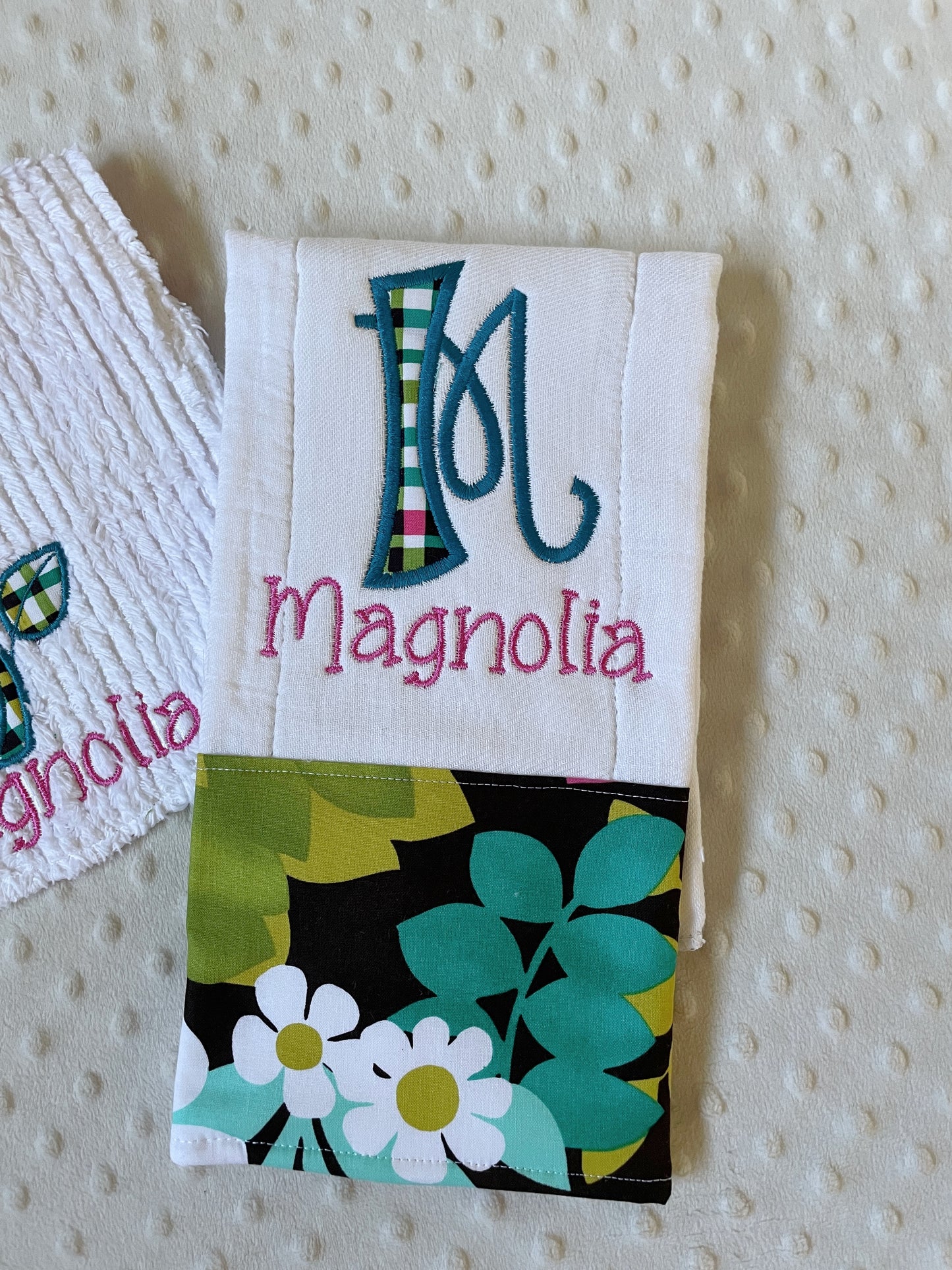Handmade Baby Girl Gift - Personalized Bib and Burp Cloth in Stylish Florals