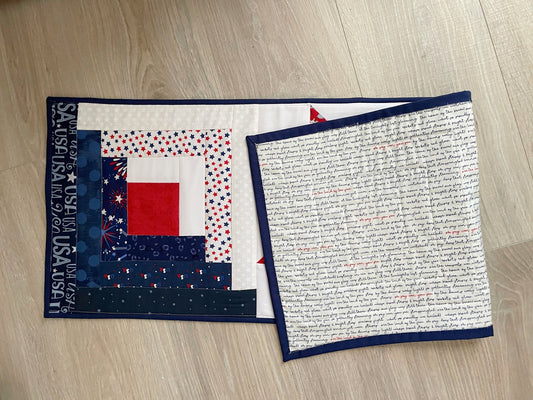 Patriotic Quilted Table Runner, Red, White, Blue Table Decor