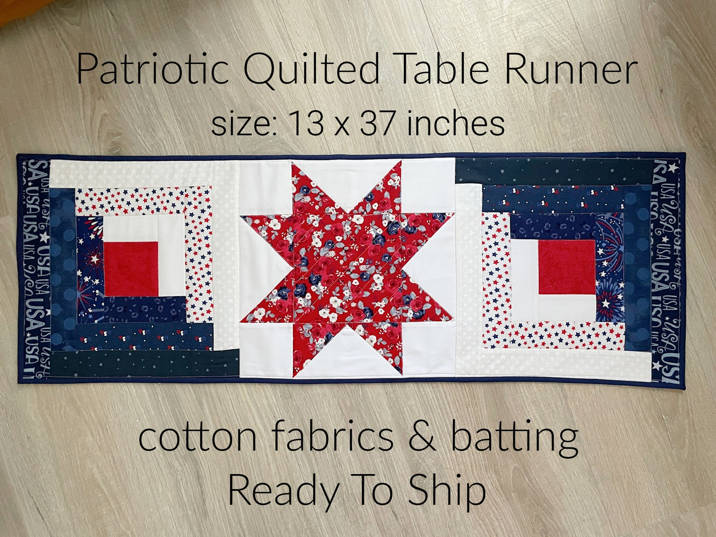 Patriotic Quilted Table Runner, Red, White, Blue Table Decor