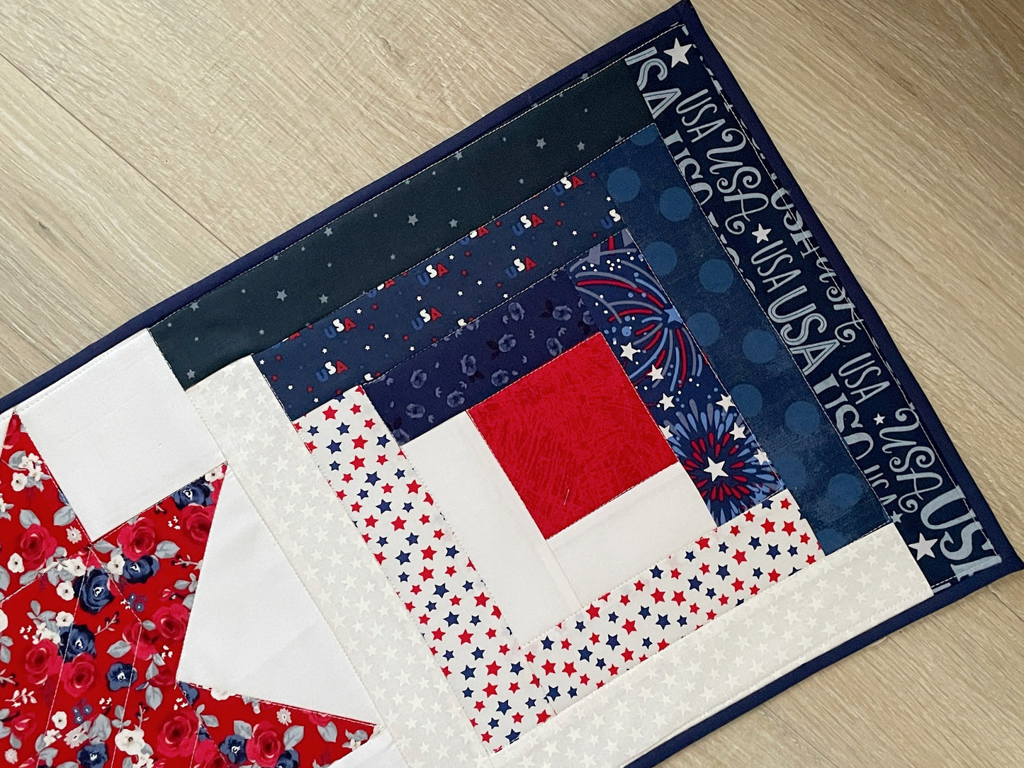 Patriotic Quilted Table Runner, Red, White, Blue Table Decor