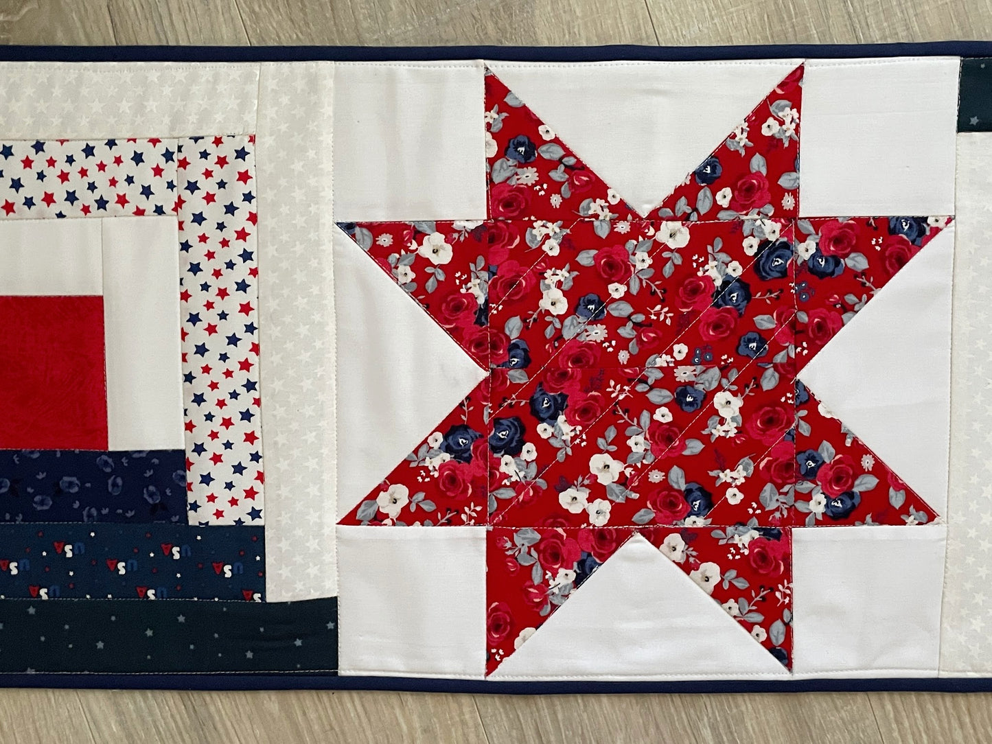 Patriotic Quilted Table Runner, Red, White, Blue Table Decor
