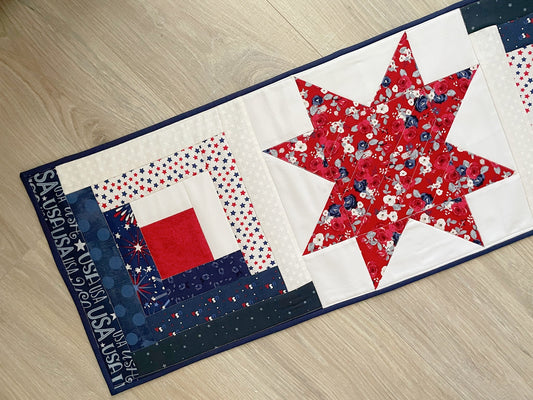 Patriotic Quilted Table Runner, Red, White, Blue Table Decor