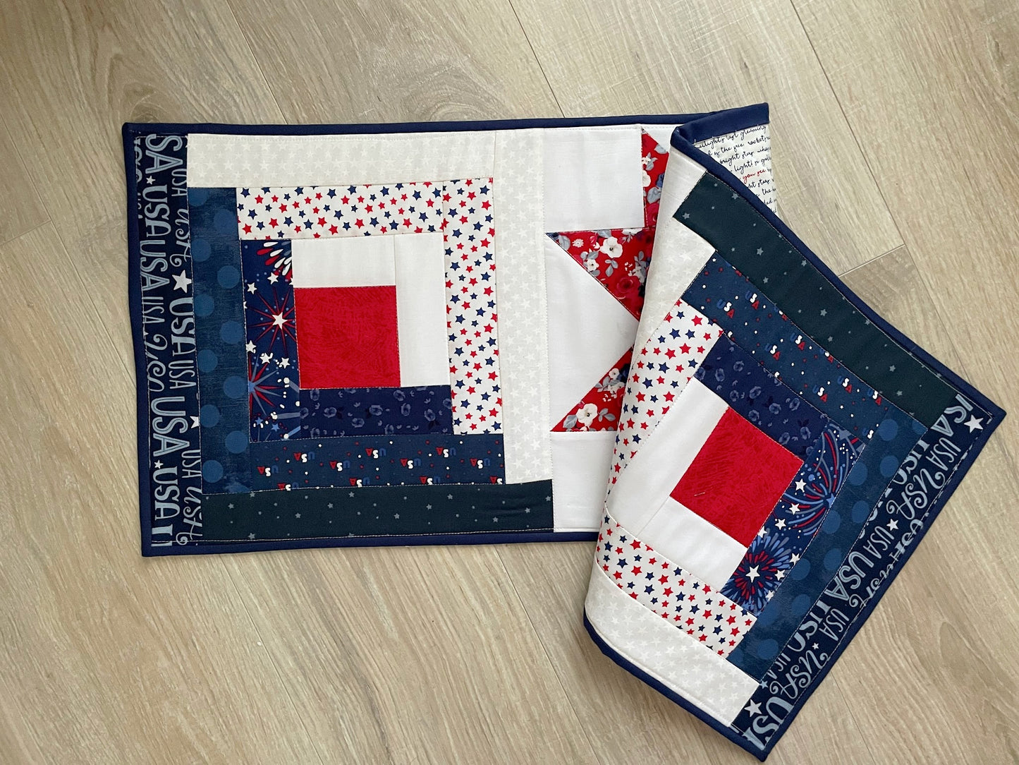 Patriotic Quilted Table Runner, Red, White, Blue Table Decor