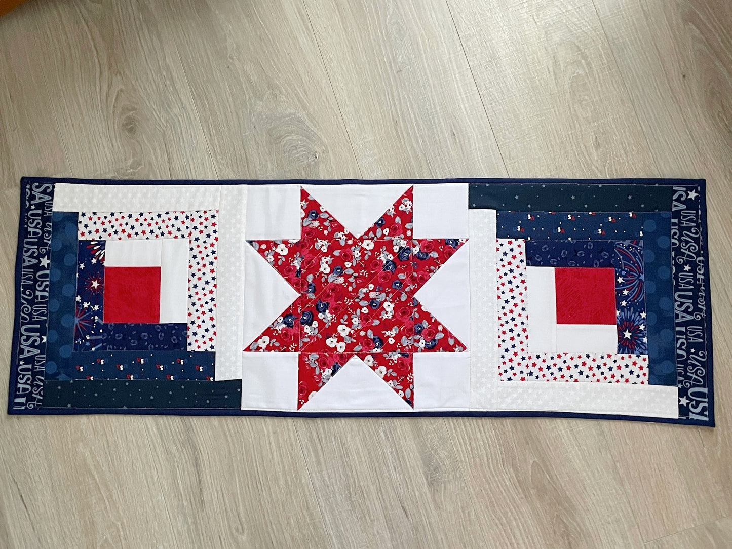 Patriotic Quilted Table Runner, Red, White, Blue Table Decor