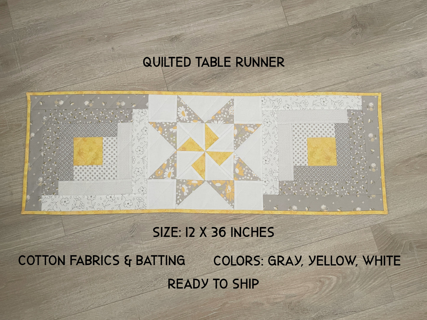 Modern Table Runner: Log Cabin Star Quilt,Gray,White & Yellow Patchwork