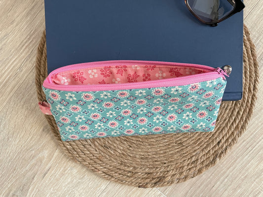 “Aqua and pink floral eyewear case made with vintage‑inspired Lori Holt Calico Days fabric.”