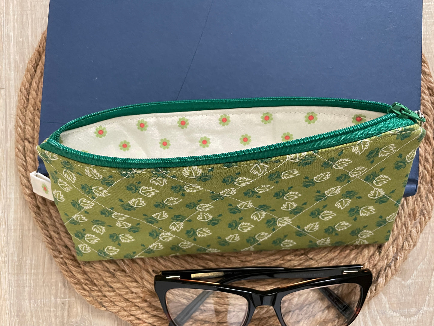 Green maple rose eyewear case made with vintage‑inspired Lori Holt Calico Days fabric.”