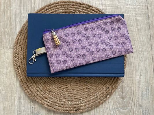 Purple ditzy floral eyewear case made with vintage‑inspired Lori Holt Calico Days fabric.”