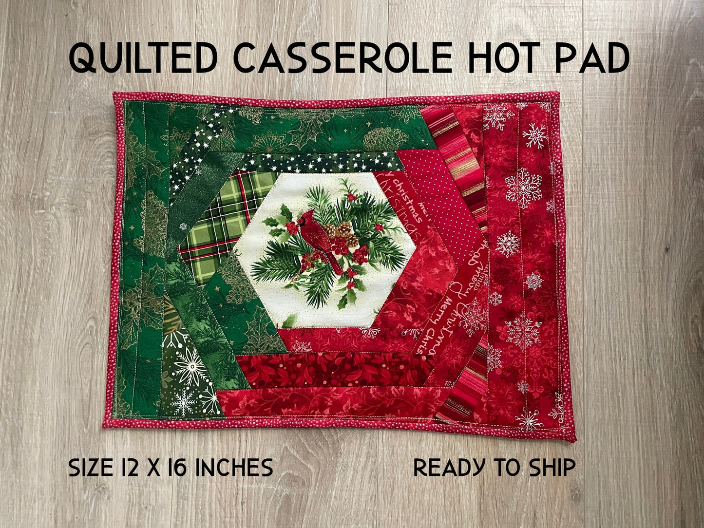 Handmade Quilted Casserole Hot Pad, Scrappy Oversized Christmas Kitchen Potholder