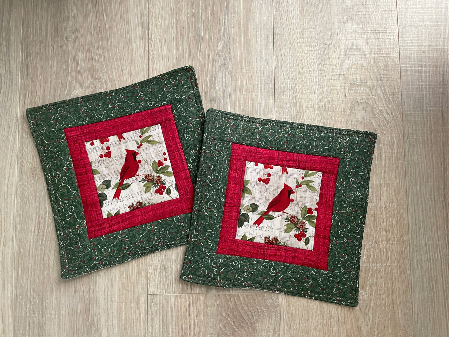 Set of 2 Large Handmade Christmas Potholders, Quilted Hot Pads