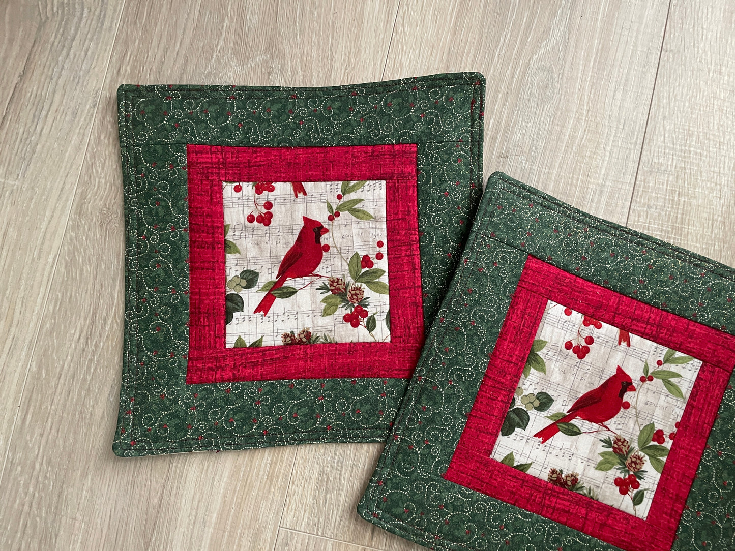 Set of 2 Large Handmade Christmas Potholders, Quilted Hot Pads