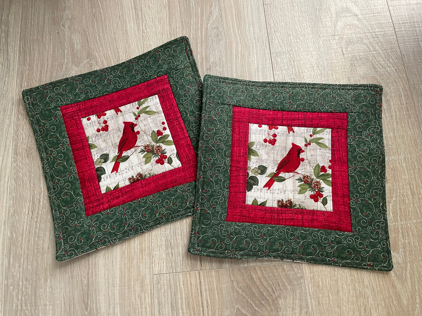 Set of 2 Large Handmade Christmas Potholders, Quilted Hot Pads