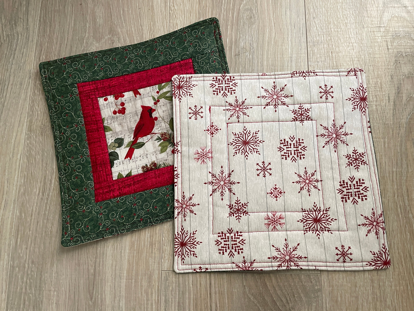 Set of 2 Large Handmade Christmas Potholders, Quilted Hot Pads