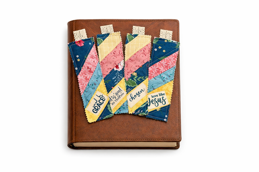 Handmade Quilted Scripture Bookmark Set – Scrappy Fabric with Stamped Bible Verses