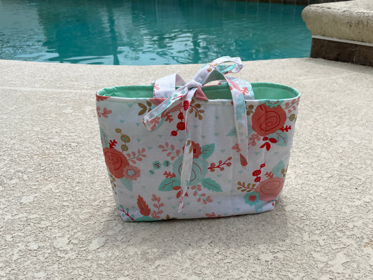 Quilted Mint and Peach Floral Bible Tote with Ties