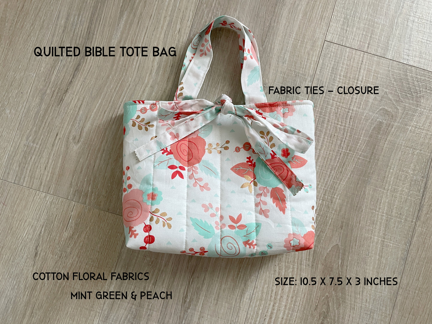 Quilted Mint and Peach Floral Bible Tote with Ties