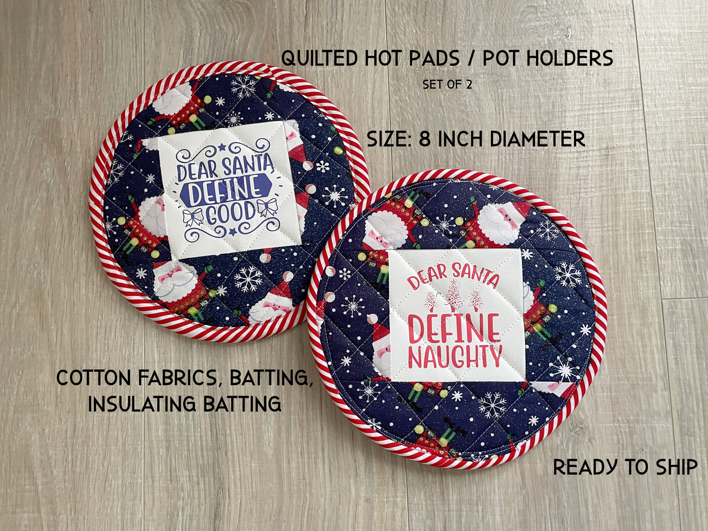 Quilted Christmas Potholders: Funny Santa Holiday Hot Pads - Set of 2