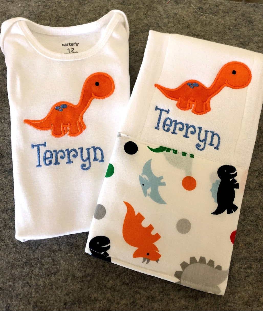 Dinosaur Theme Baby Boy Gift Set - Personalized Bodysuit and Matching Burp Cloth