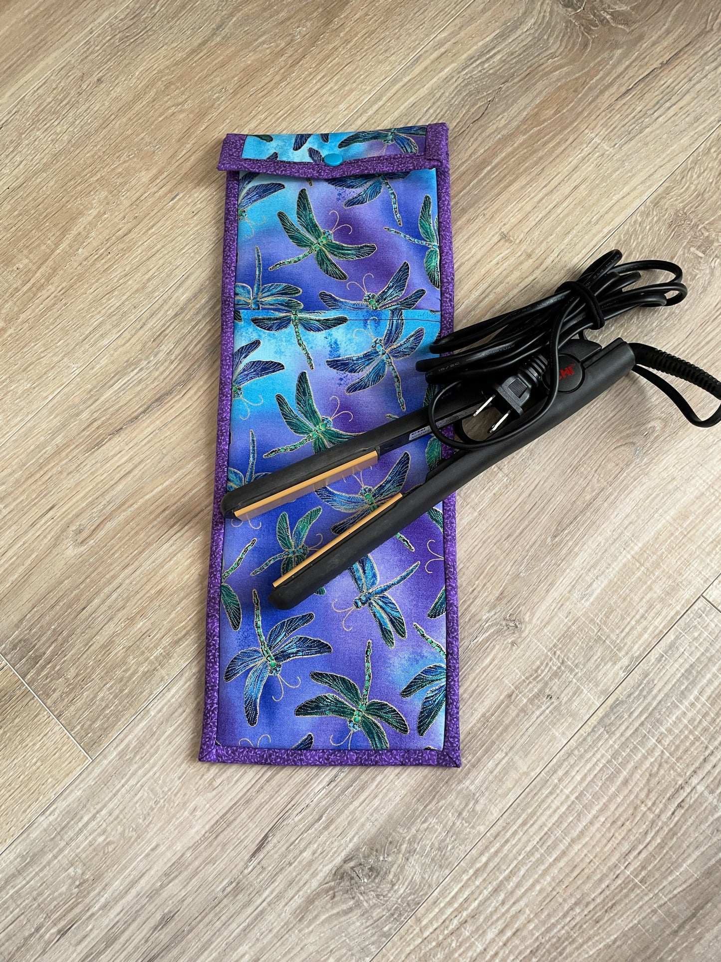 Handmade Flat Iron or Curling Iron Holder, Purple and Blue Dragonflies
