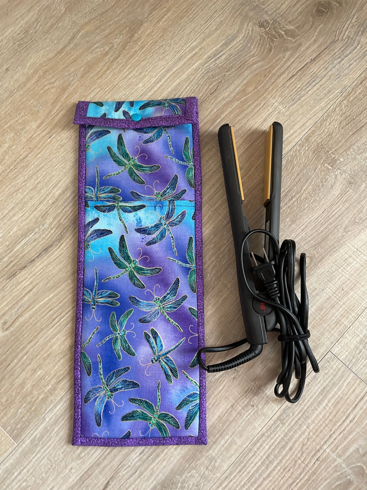 Handmade Flat Iron or Curling Iron Holder, Purple and Blue Dragonflies