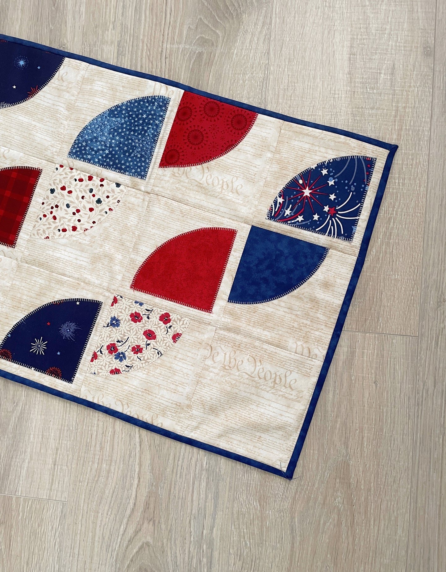 Patriotic Quilted Table Runner, Modern Handmade Red White, and Blue Décor