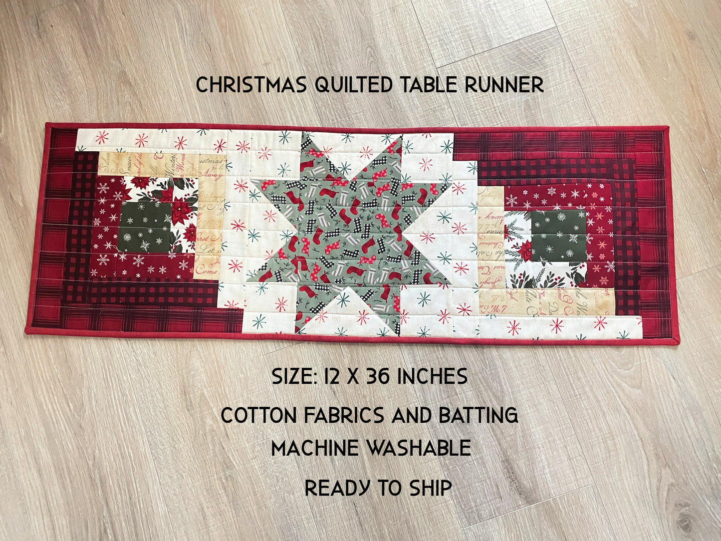 Quilted Christmas table runner with Log Cabin and Star blocks in red, white, and green
