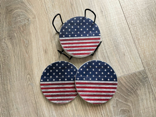 Rustic American Flag Coaster Set with Holder
