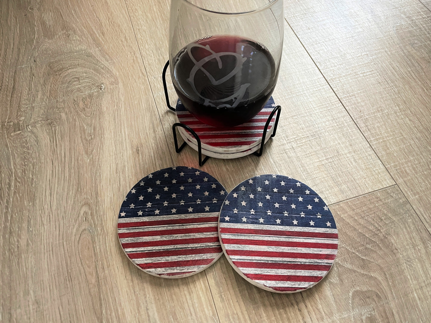 Rustic American Flag Coaster Set with Holder
