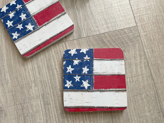 Square American Flag Coaster Set | Rustic Patriotic Wooden Coasters