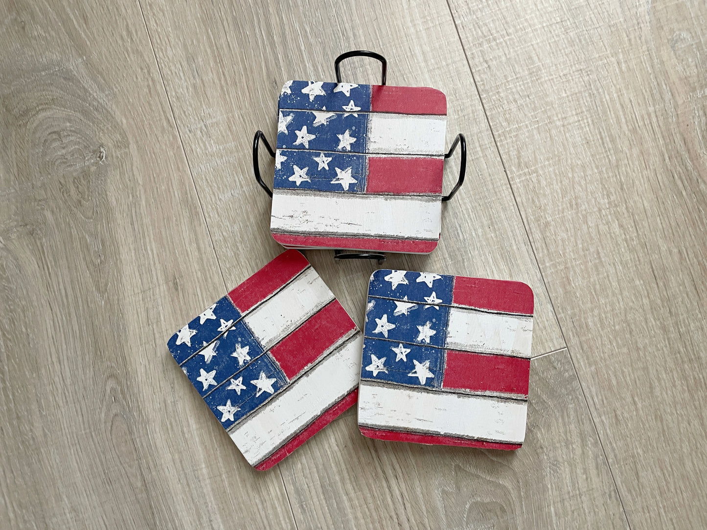 Square American Flag Coaster Set | Rustic Patriotic Wooden Coasters