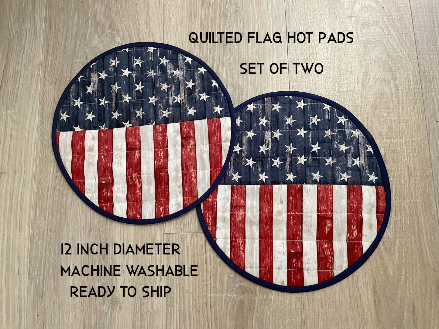 American Flag Quilted Hot Pad Gift Set of 2, Patriotic Red, White, and Blue Handmade Potholders for Kitchen Decor