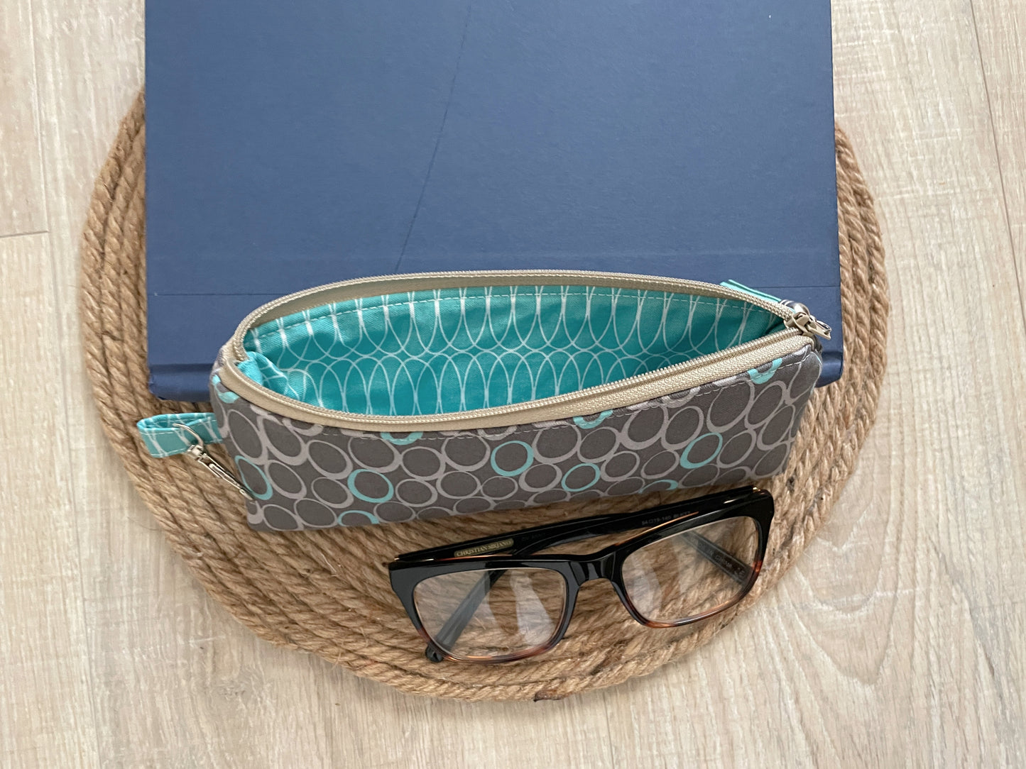 Aqua and Gray Retro Ovals Eyewear Case – Handmade Zipper Pouch with Leather Tassel