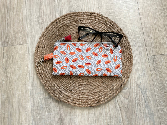 Gray and Orange Retro Dots Eyewear Case – Handmade Zipper Pouch with Leather Tassel