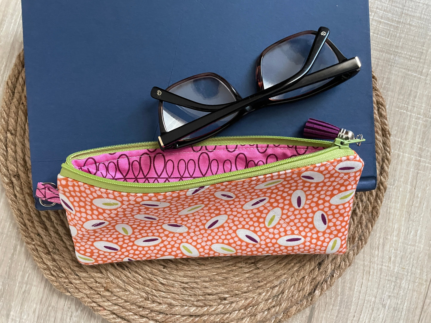 Orange and Green Retro Dots Eyewear Case – Handmade Zipper Pouch with Leather Tassel