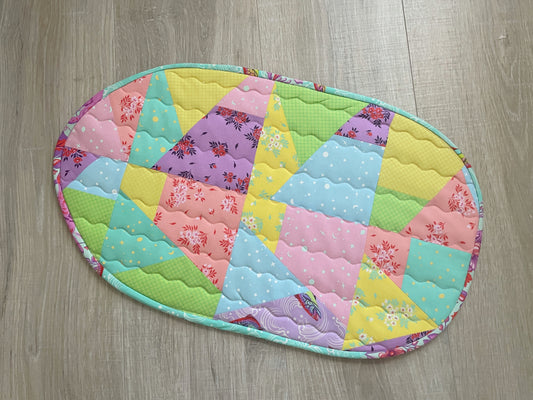 Spring or Easter Quilted Casserole Hot Pad; Egg Shaped Scrappy Tabletop Decor