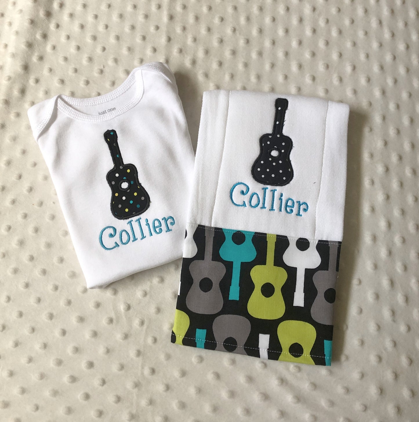 Customized Baby Boy Gift Set: Guitar Theme Bodysuit and Burp Cloth