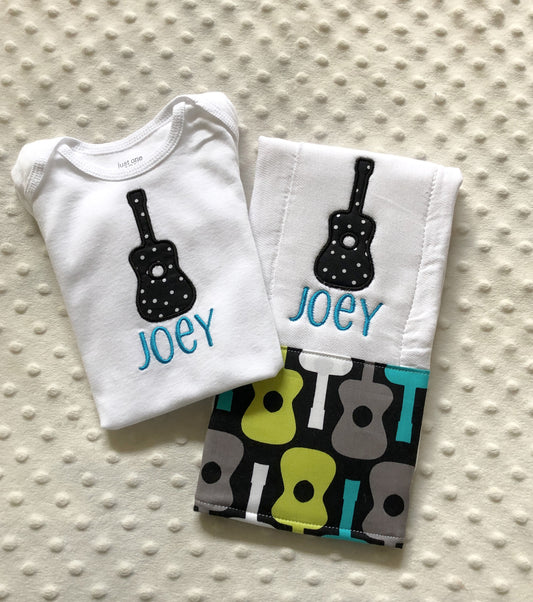 Baby Boy Gift Set Personalized Bodysuit and Burp Cloth, Guitar Theme