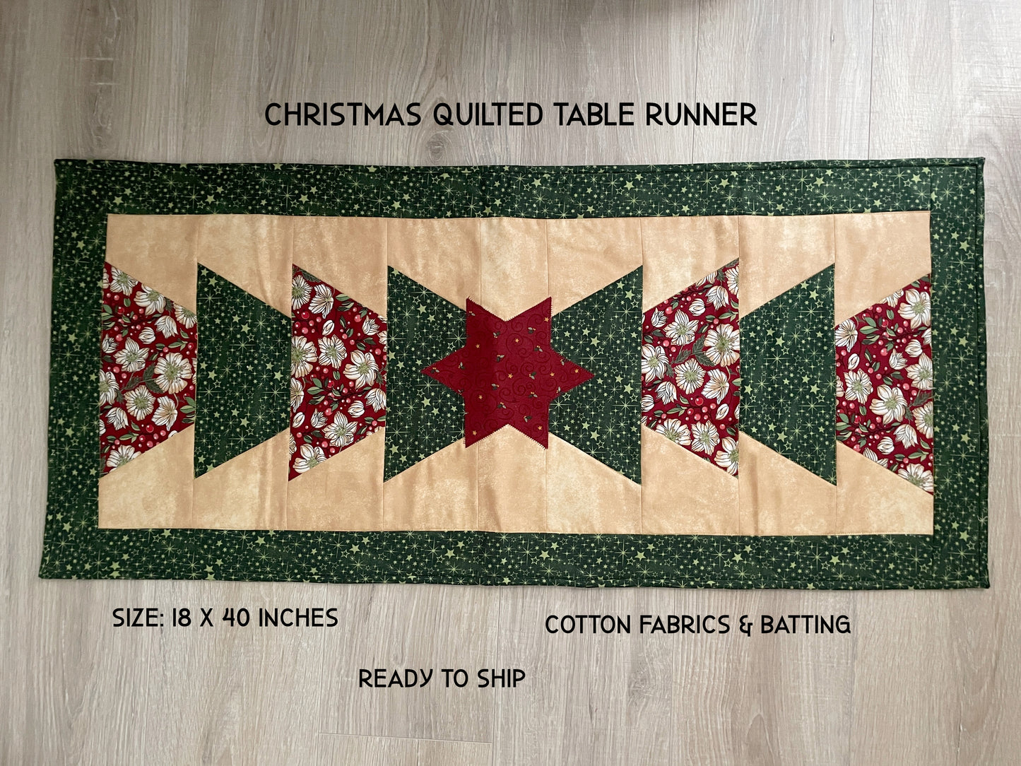 Christmas Tree Quilted Table Runner, Modern Farmhouse Table Decor, 18 x 40 Inches