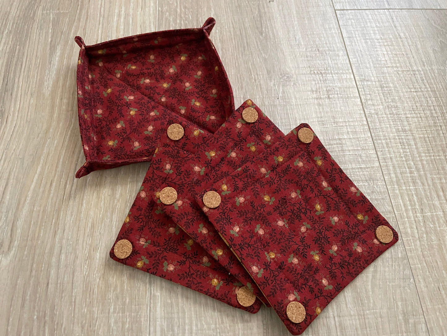 Quilted Fabric Coasters, Set of 4 Handmade Drink Mats with Holder
