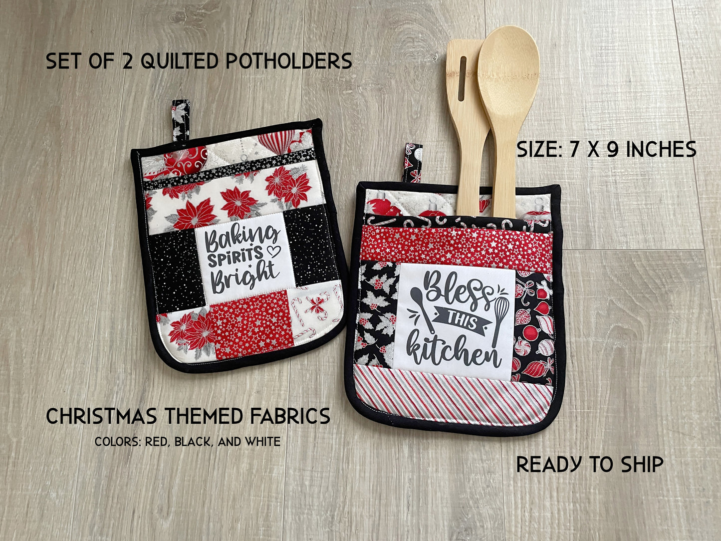 Set of 2 Quilted Christmas Potholders with Gift Pocket, Holiday Kitchen Gift
