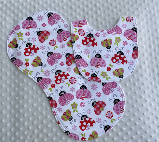 Sweet Ladybug and Flowers Baby Girl Set: Bib and Burp Cloth Gift