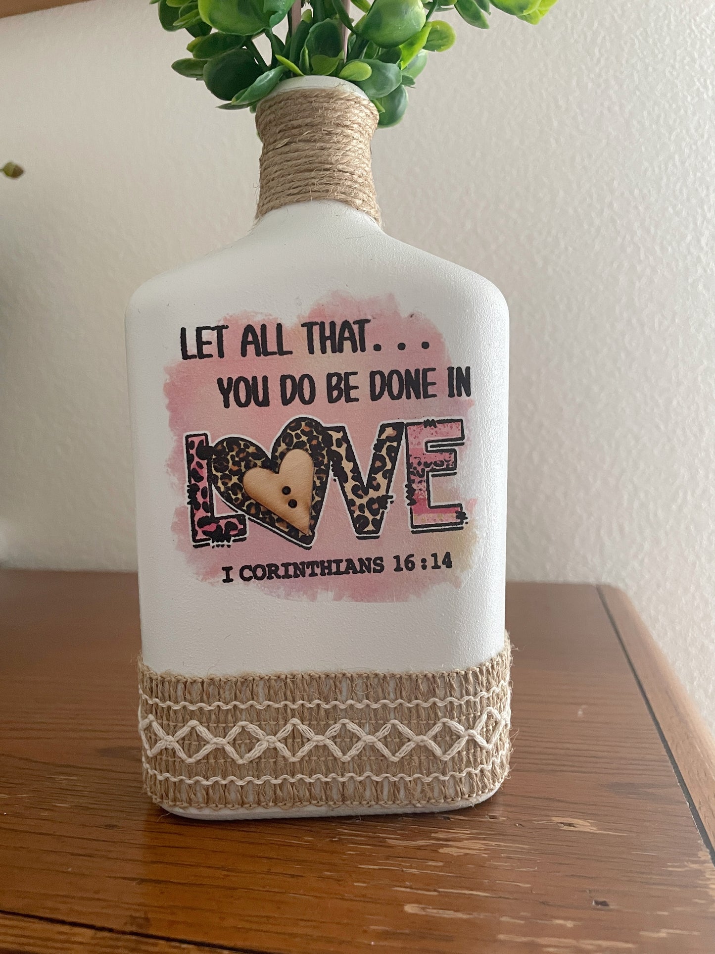 Cheetah Print Upcycled Vase - Faith Inspired 1 Corinthians 16:14 Decor