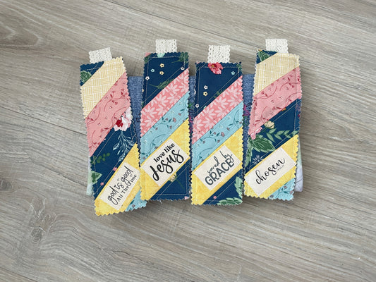 Handmade Quilted Scripture Bookmark Set – Scrappy Fabric with Stamped Bible Verses