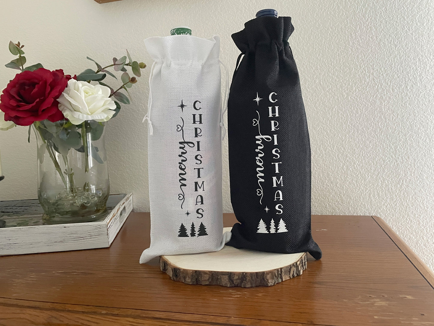 Merry Christmas Burlap Wine Gift Bag with Tag