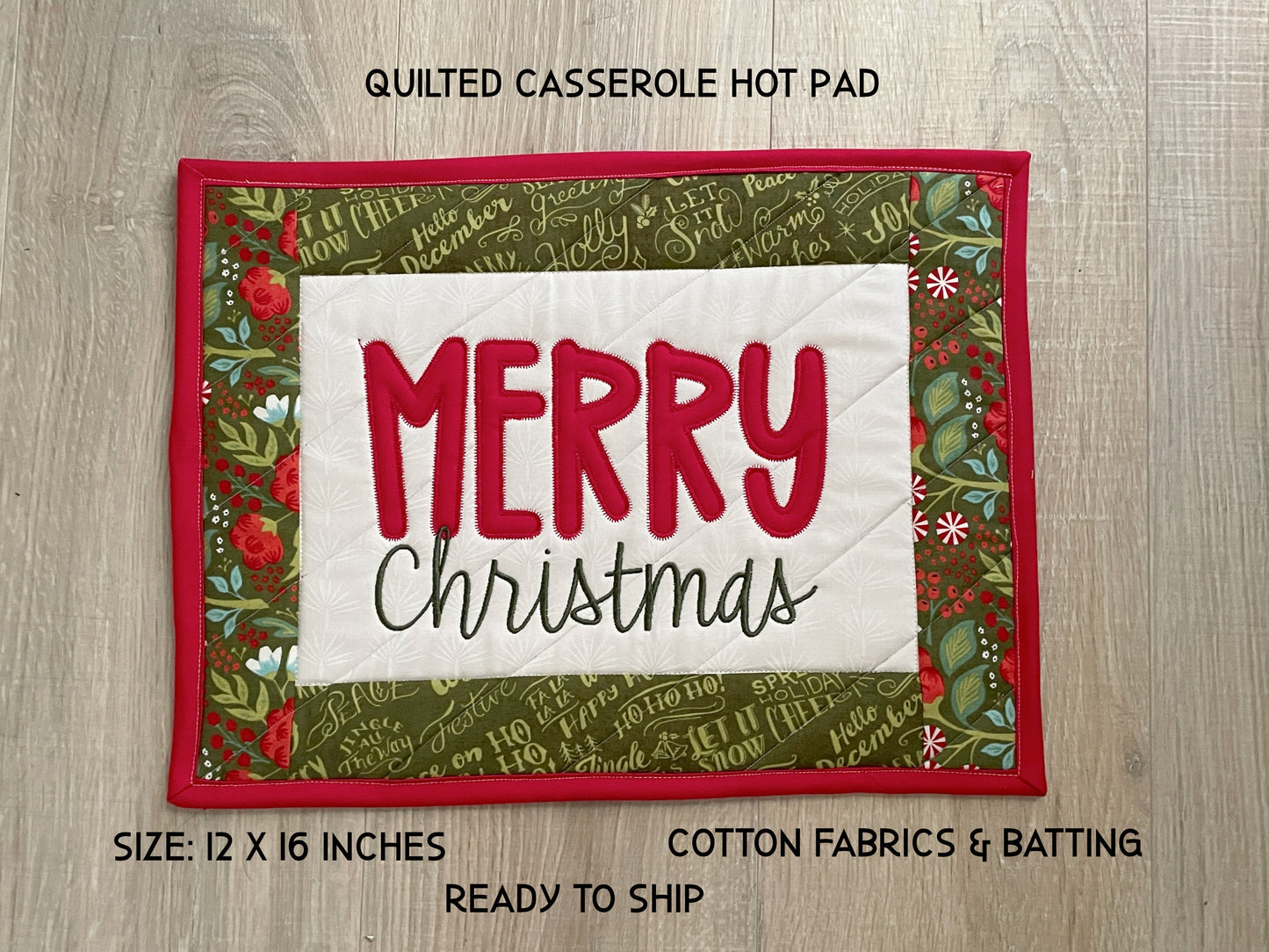 Quilted Christmas Large Casserole Hot Pad, Merry Christmas