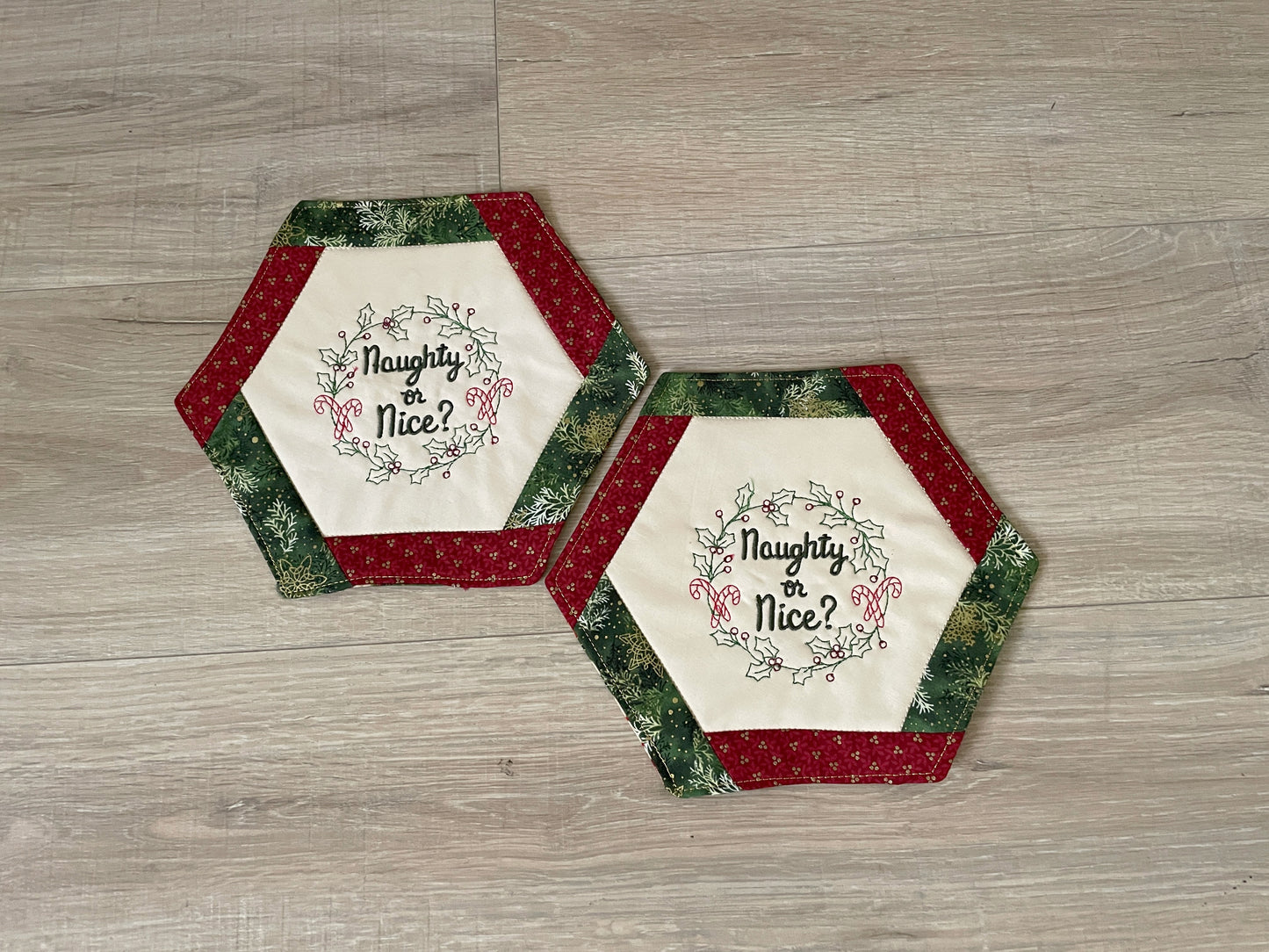 Christmas Mug Rugs, Holiday Quilted set of 2 Coasters, Handmade Snack Drink Mat, Embroidered Gift