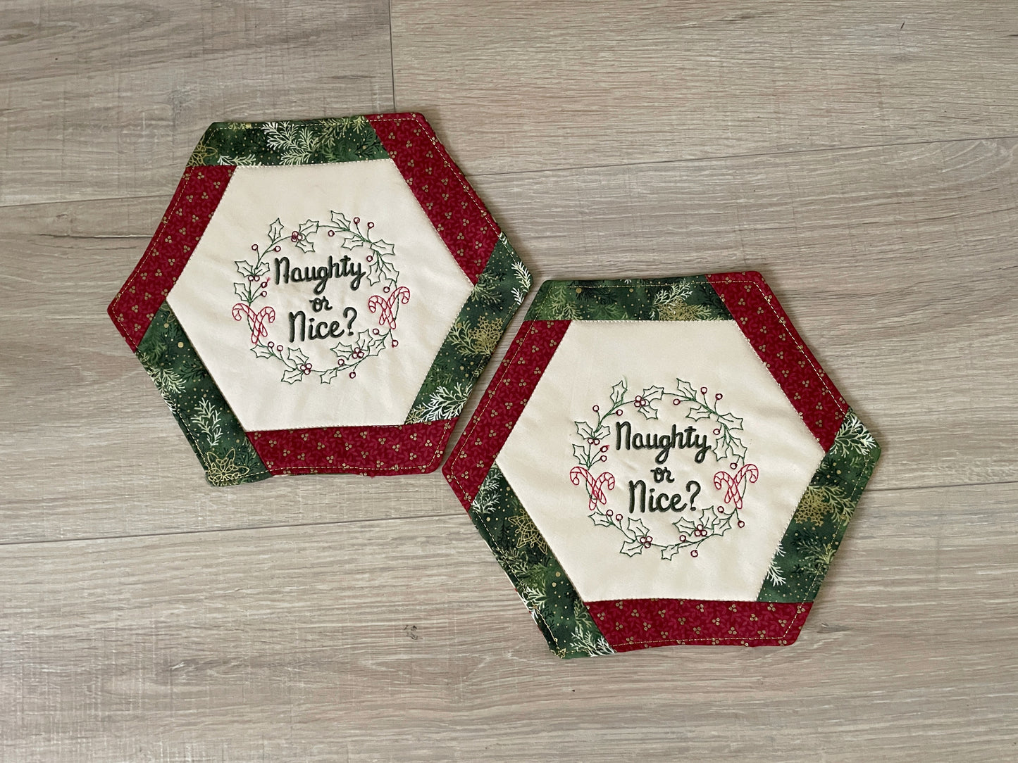 Christmas Mug Rugs, Holiday Quilted set of 2 Coasters, Handmade Snack Drink Mat, Embroidered Gift